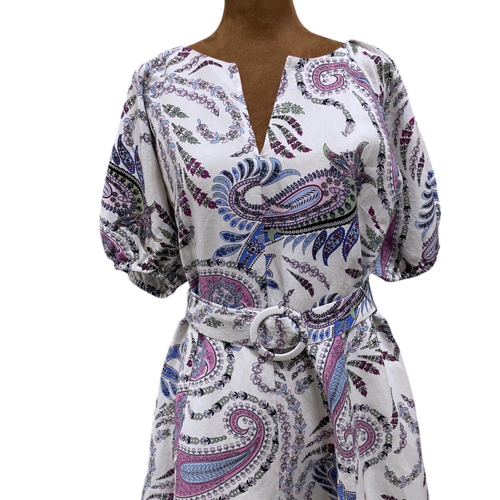 LOFT‎ Petite 6P Paisley Linen Dress Belted Puff Sleeve Cottagecore Coastal Boho